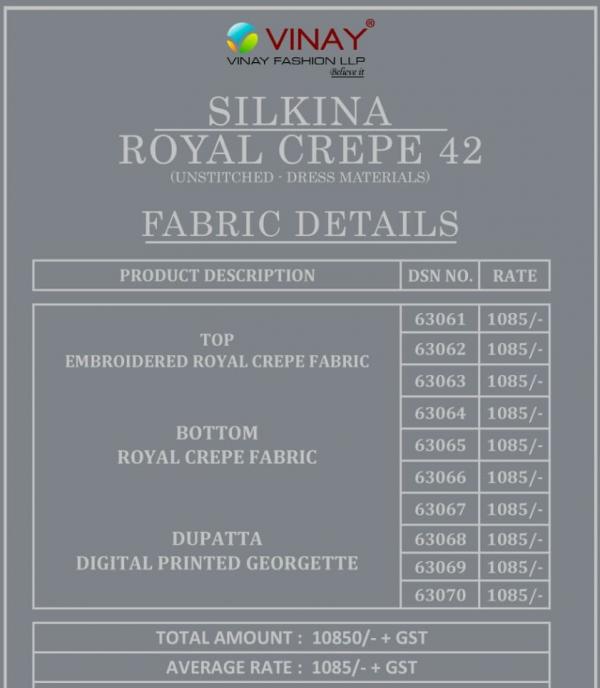 Vinay Silkina Royal Crepe 42 Designer Dress Material Collection